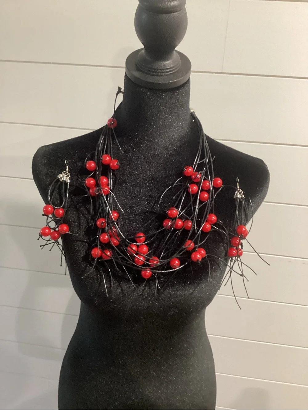 Red Beaded Multi-Strand Necklace and Earrings Set